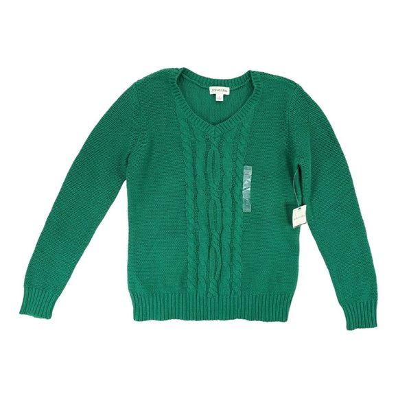 NWT St Johns Bay Sweater Womens Medium Green Cable Knit Crew Long Sleeve - Picture 1 of 3